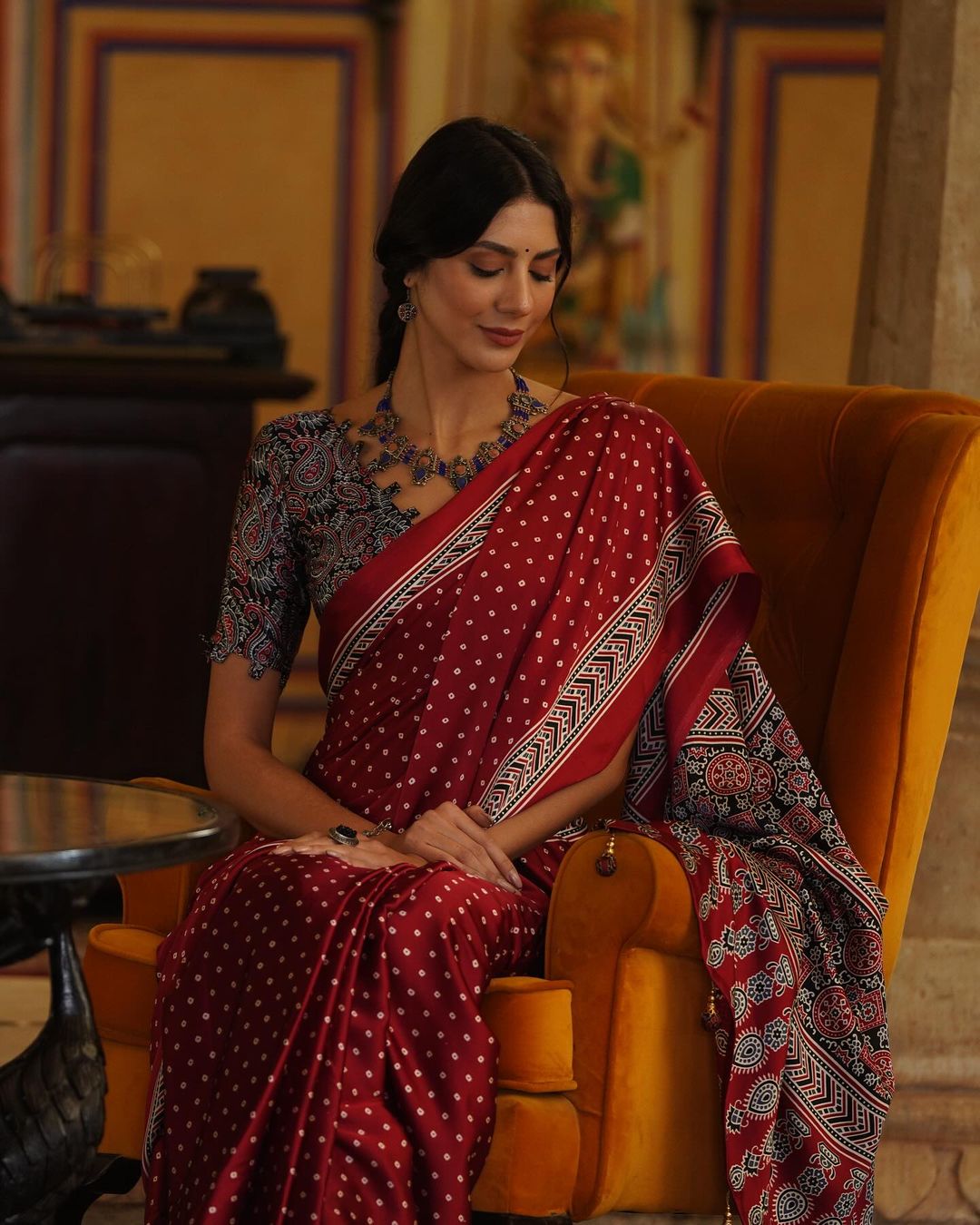 Red Ajrakh Printed Satin Crepe Saree