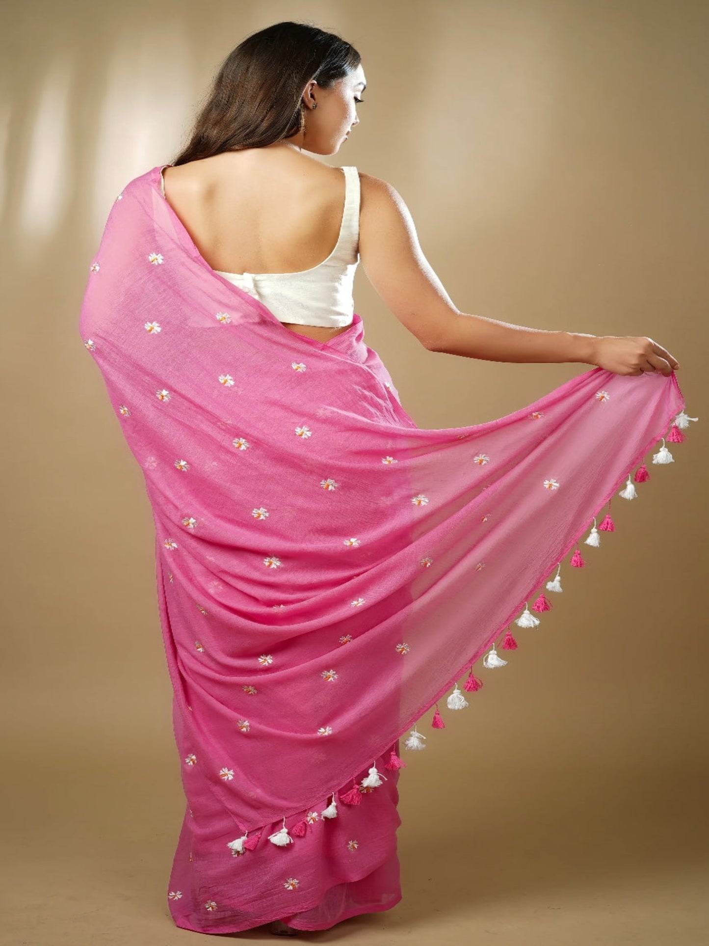 Pink Hand Embroidery Mul Cotton Saree