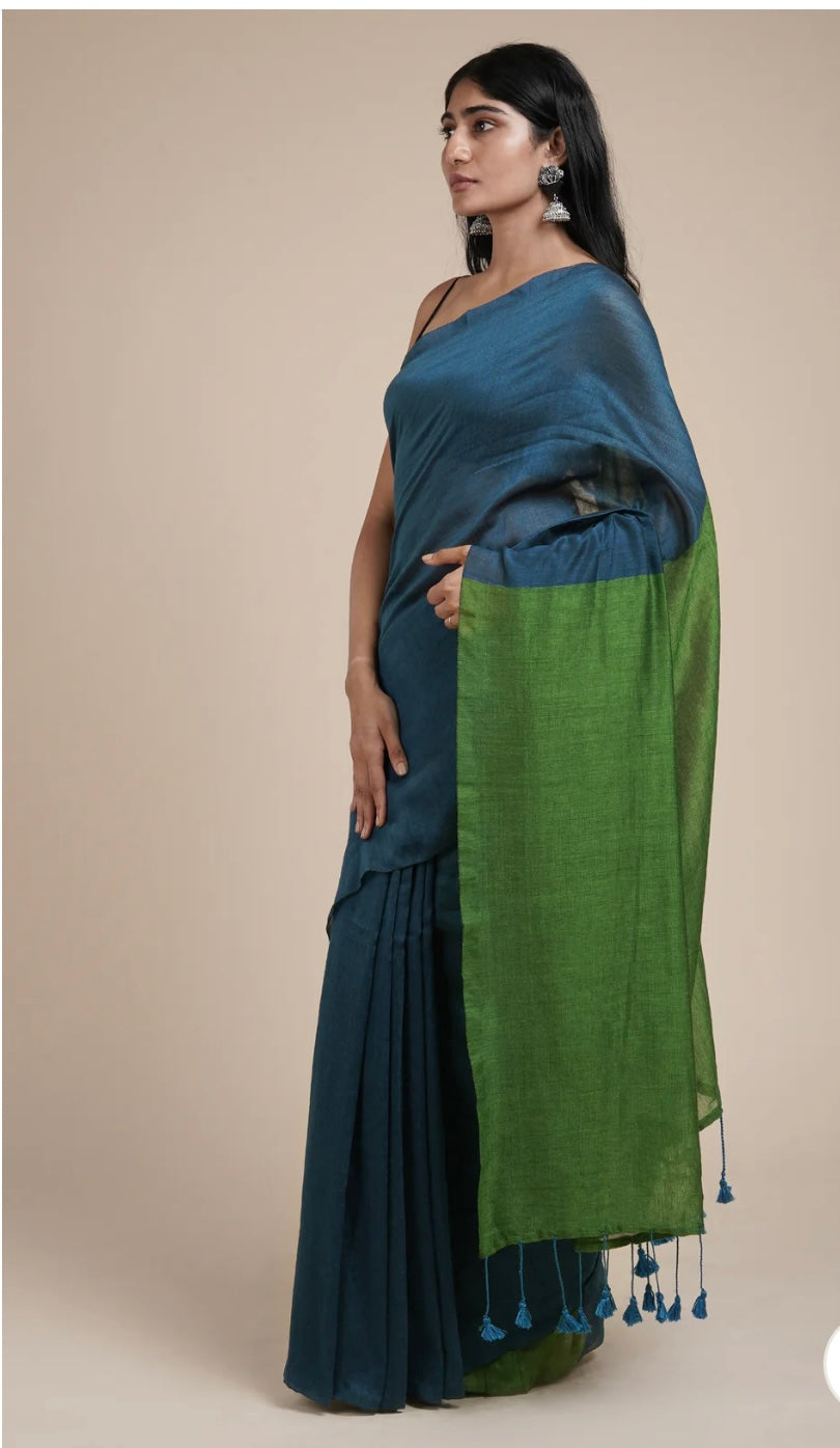 Shreedhaaga Deep Blue and Green Mulmul Saree