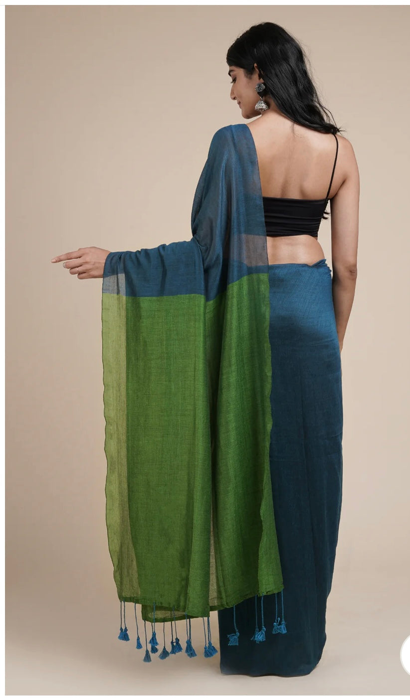 Shreedhaaga Deep Blue and Green Mulmul Saree