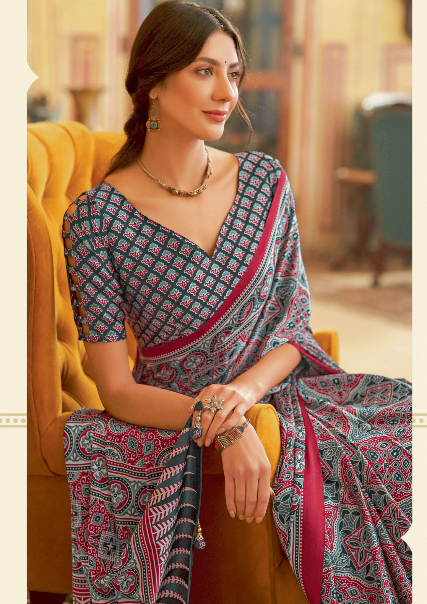 Mohar Ajrakh Satin Saree