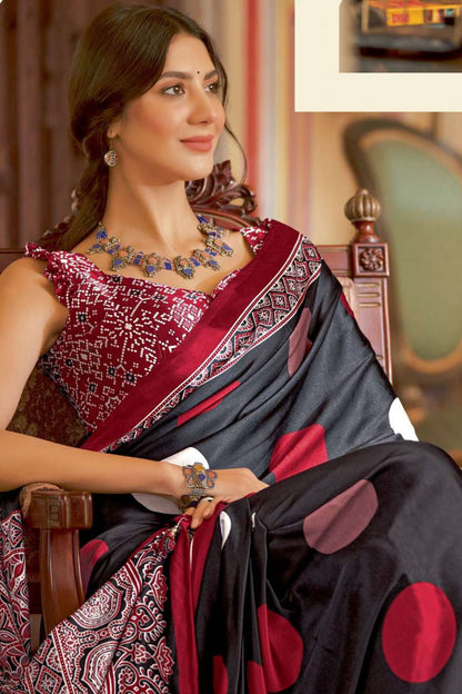 Black Doted Ajrakh Printed Satin Crepe Saree