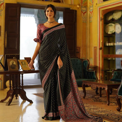 Black Ajrakh Printed Satin Crepe Saree