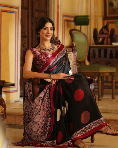 Black Doted Ajrakh Printed Satin Crepe Saree