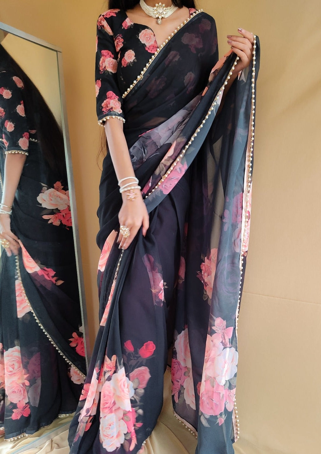 Black Digital Print Georgette Saree