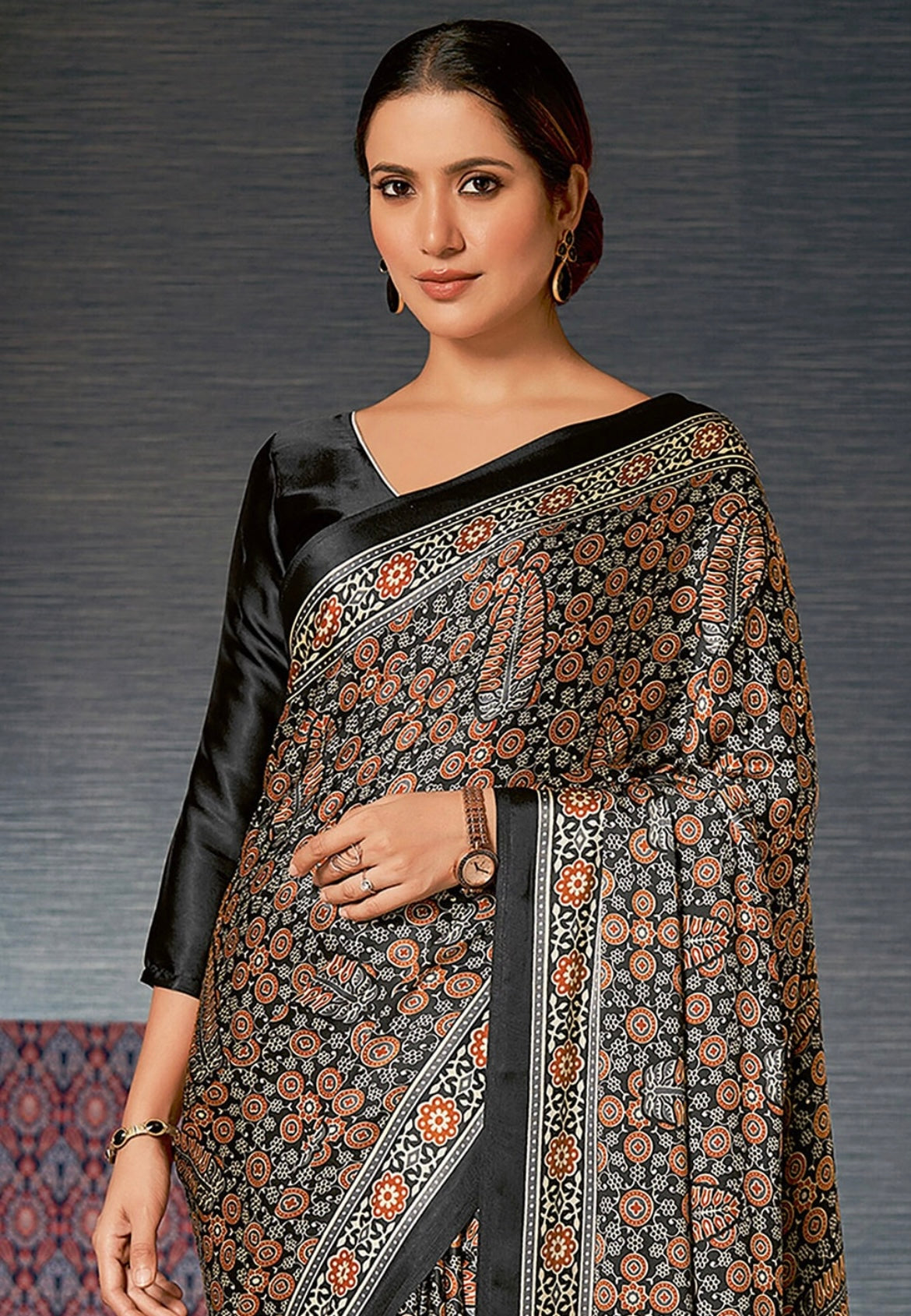 Grace Brown Ajrakh Satin Saree