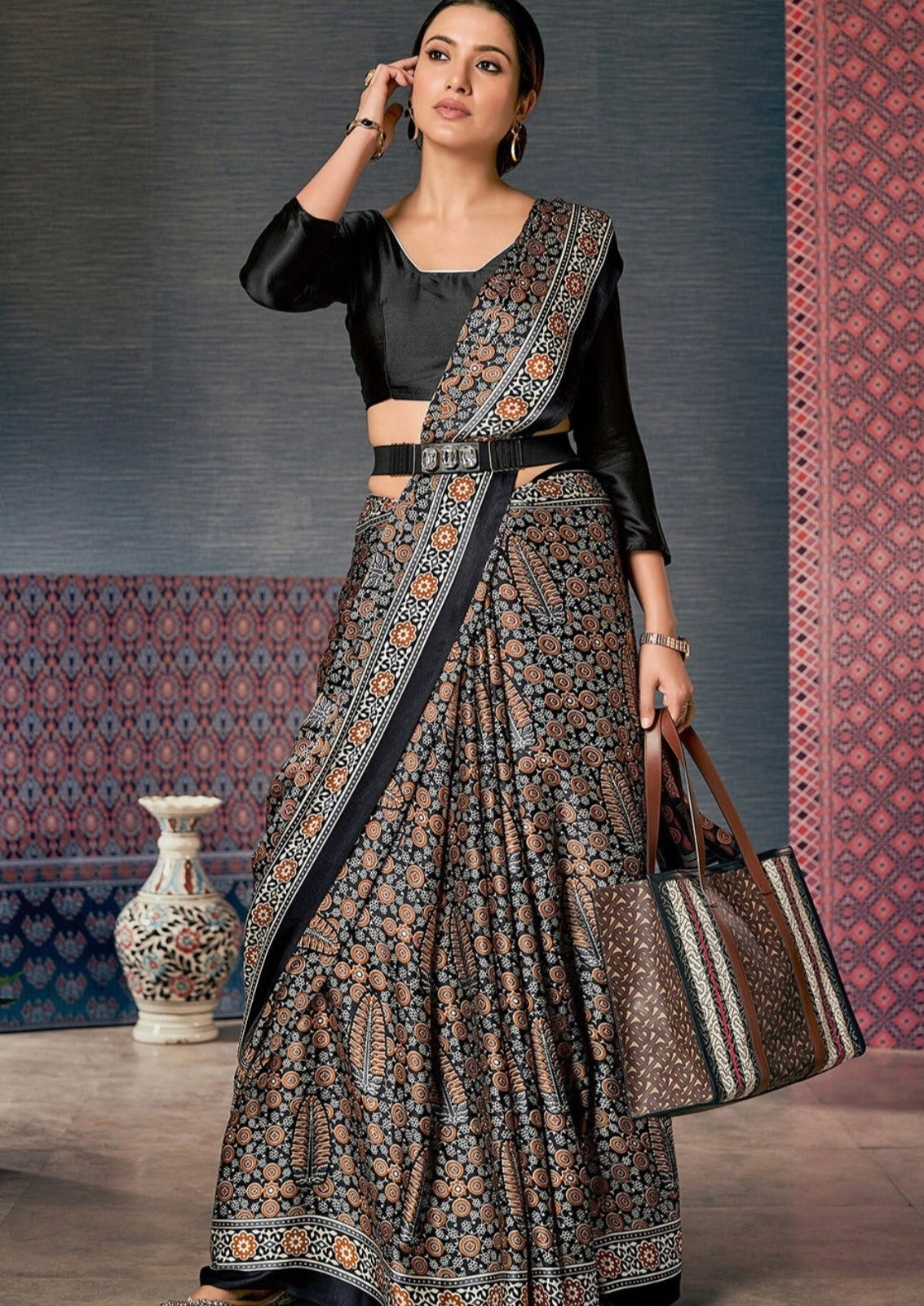 Grace Brown Ajrakh Satin Saree