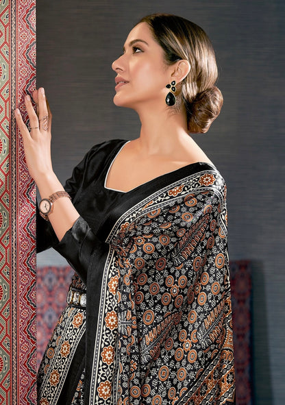 Grace Brown Ajrakh Satin Saree