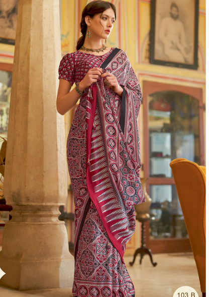 Brown and Grey Ajrakh Printed Satin Crepe Saree