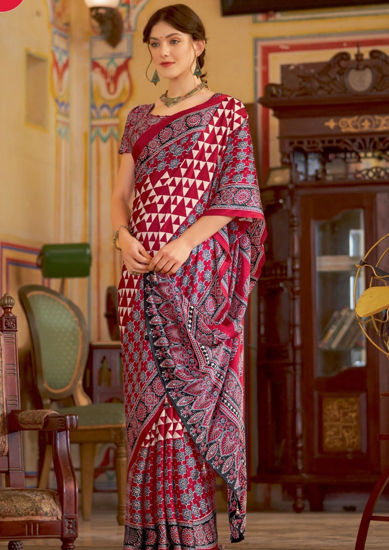 Red Ajrakh Printed Satin Crepe Saree