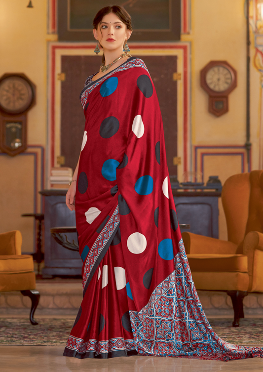 Red Doted Ajrakh Printed Satin Crepe Saree