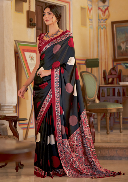 Black Doted Ajrakh Printed Satin Crepe Saree