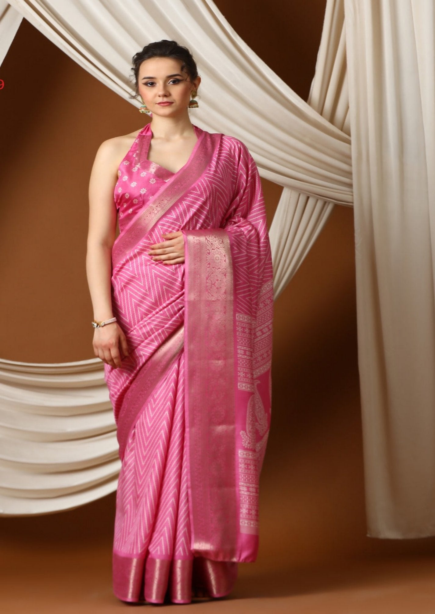 Pink Printed Silk Saree with Jacquard Border