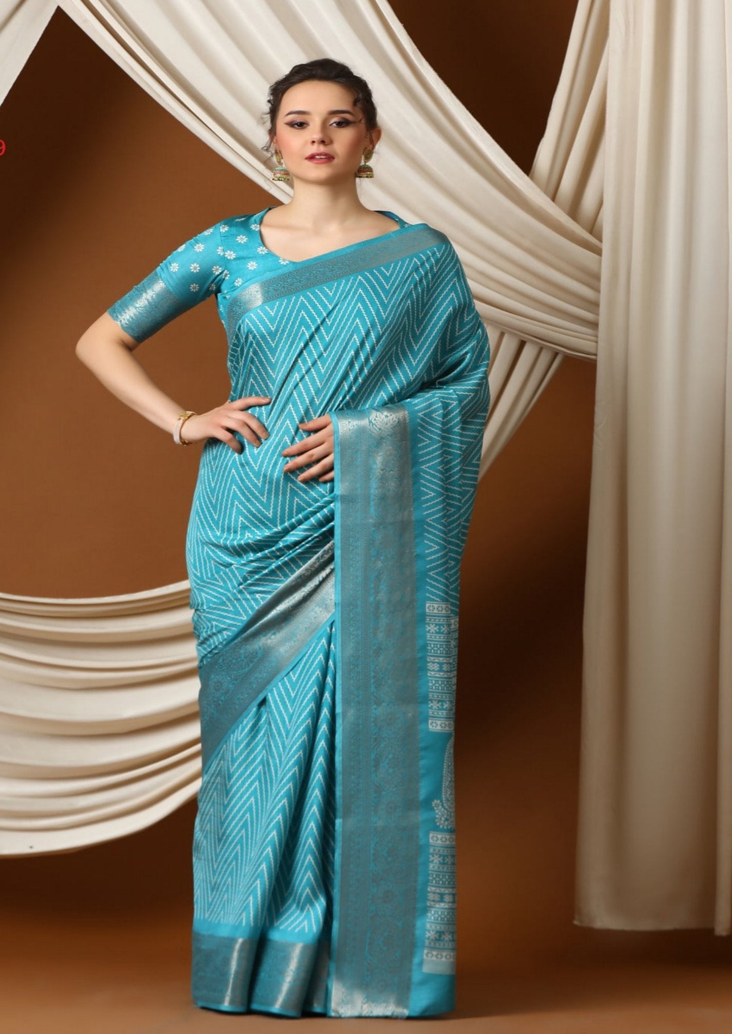 Sky Blue Jacquard Border Printed Silk Saree