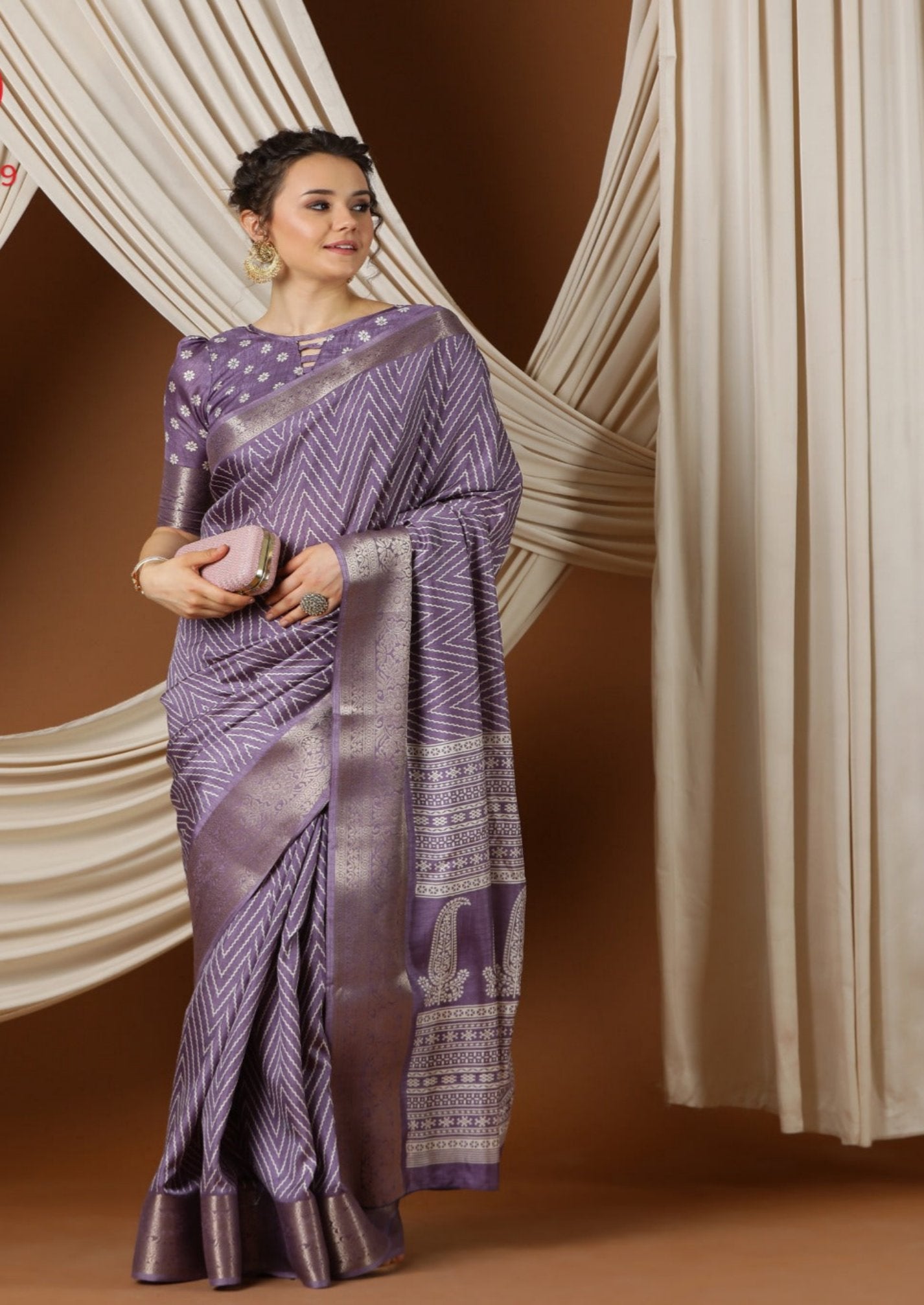 Lavender Printed Silk Saree Jacquard Border