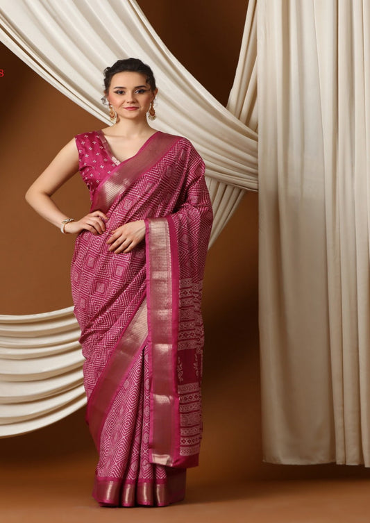 Beautiful  Jacquard Border Printed Silk Saree