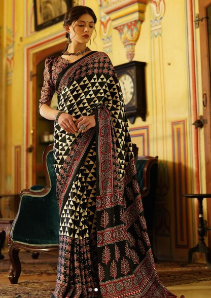 Ajrakh Printed Satin Crepe Saree