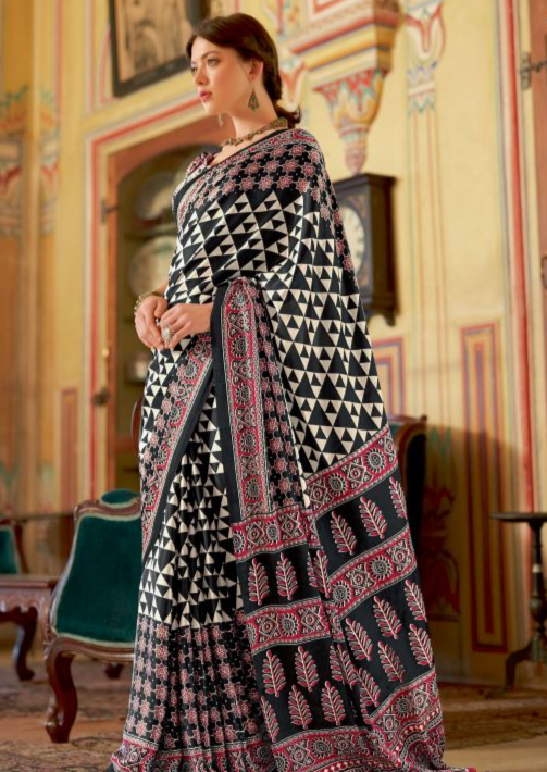 Ajrakh Printed Satin Crepe Saree