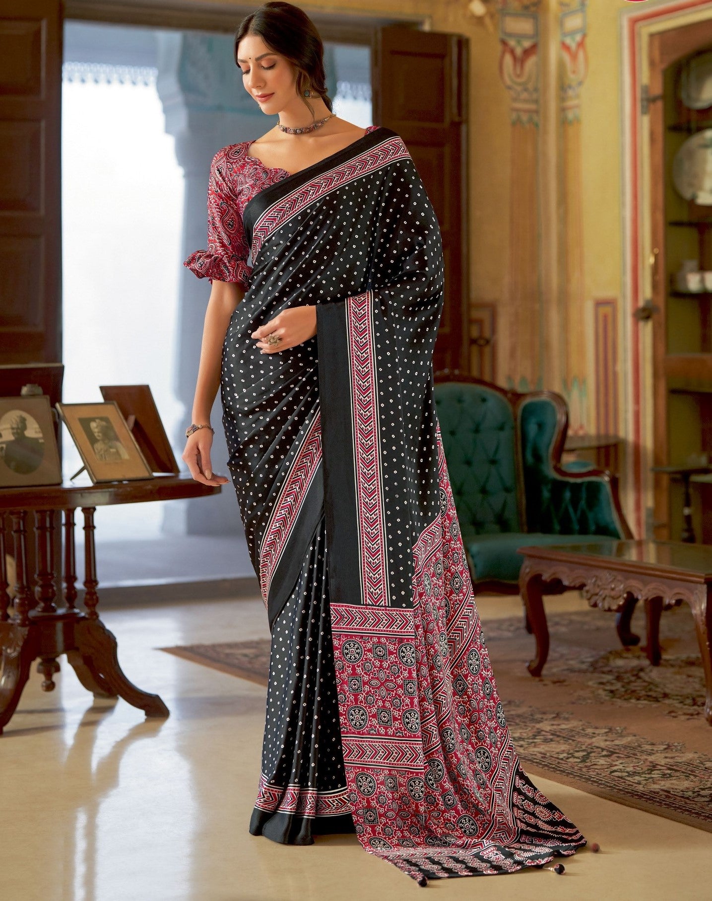 Black Ajrakh Printed Satin Crepe Saree